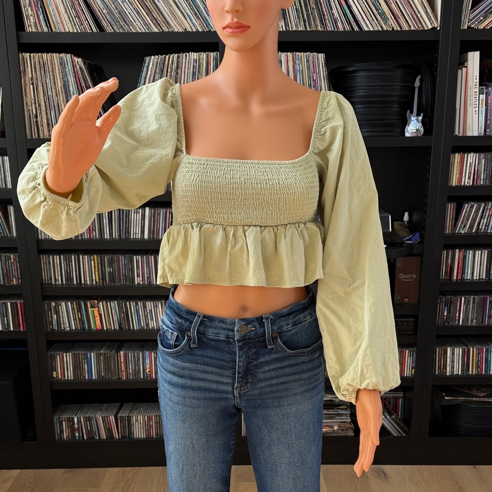 La Hearts Sage Green peasant Smocked Square-Neck Peplum Crop Top